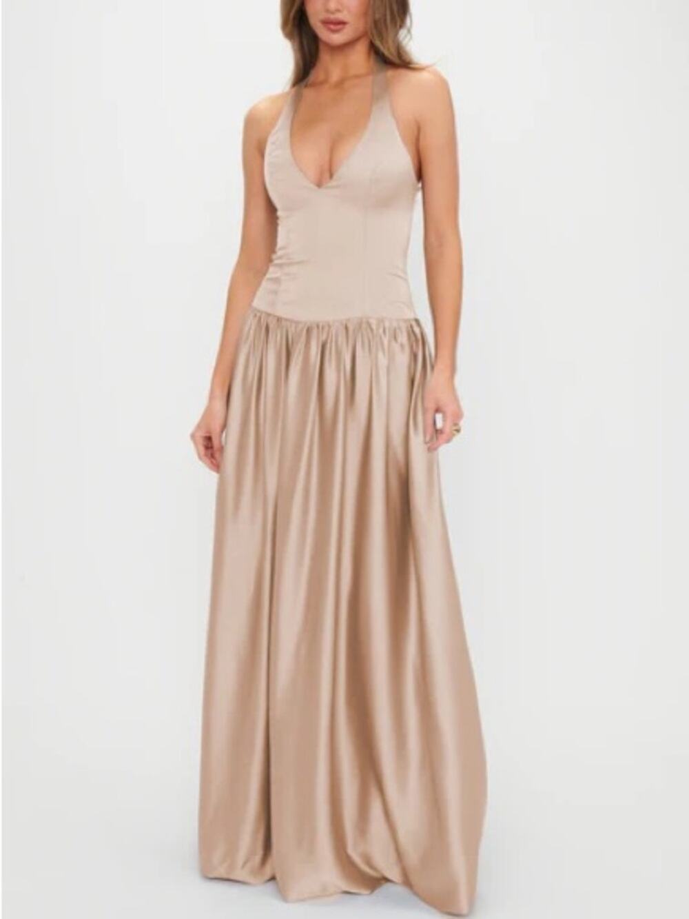 Show Me Your MuMu SMYM Eliza Champagne Luxe Satin Drop Waist Halter Neck Dress